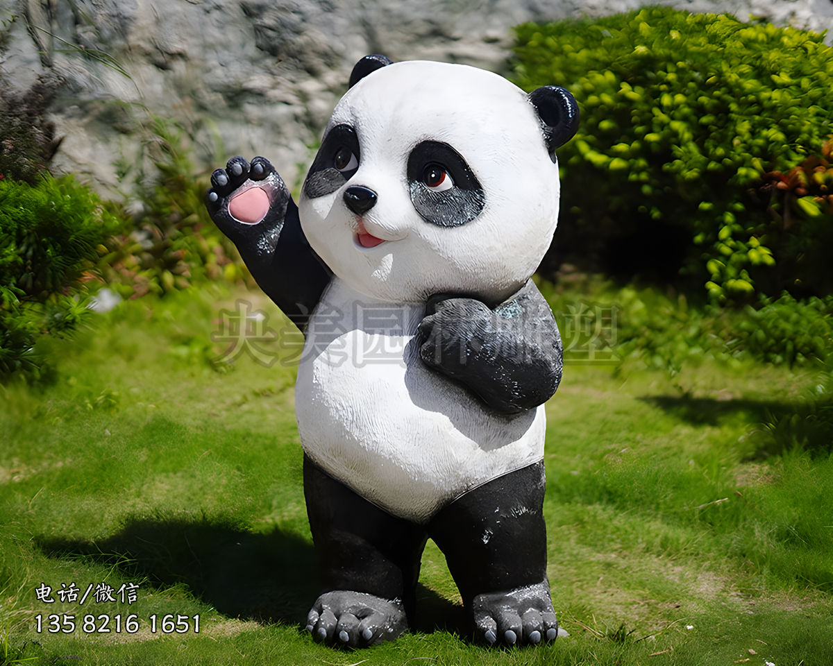 站立招手的毛面仿真玻璃鋼熊貓雕塑